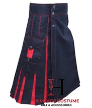 Scottish Kilt Handmade Black With Red Hybrid Kilt Men&#39;s Utility Custom Size Kilt - £54.26 GBP+