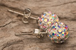 Silver Ball Round Stud Earrings Disco Crystal Pierced Wedding Bridal Rhinestone - £8.17 GBP