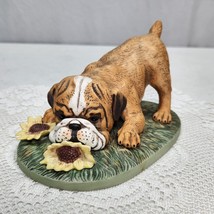 HOMCO Masterpiece Porcelain Playful English Bulldog Pup Sunflowers Signed 1985 - £17.11 GBP