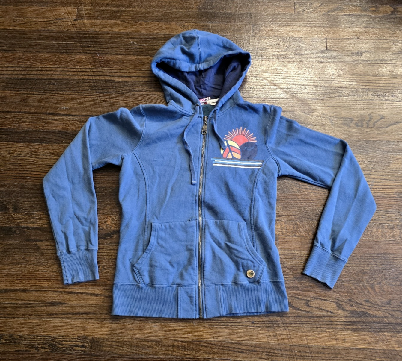 Roxy Full Zip Hoodie Womens Medium Dark Blue Graphic Print Long Sleeve - $20.00