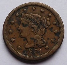  Vintage 1851 US Large Cent Normal Date Braided Hair Copper Penny 20230095 - £31.35 GBP