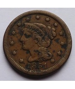  Vintage 1851 US Large Cent Normal Date Braided Hair Copper Penny 20230095 - £31.86 GBP