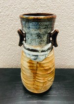 Vintage Japanese Vase with Ears 10&quot;, Ceramic Brown &amp; Blue Glazed, Unknown Signed - £64.04 GBP
