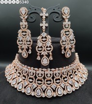 Indian Rose Gold Plated Bollywood Style Choker Necklace Chick CZ Jewelry Set - £89.43 GBP
