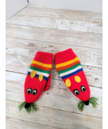 Vintage Handmade Kids Toddler Mittens Mice Mouse Red Whiskers Colorful 6.5&quot; - $23.04 CAD