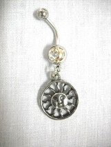 NEW CELESTIAL SUN w FACE &amp; FLAMES USA PEWTER CHARM CLEAR CZ BELLY RING N... - £4.68 GBP