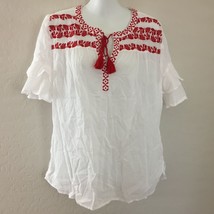 Liz Claiborne Women&#39;s White Shirt Blouse Red Embroidered Fiesta Size L L... - $39.99