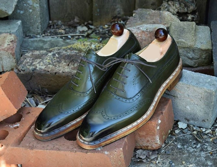 Handmade Wing Tip Brogue Leather Shoes, Men's Lace Up Green Color Stylish Shoes