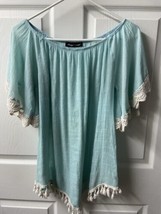 Orange Caramel Womens Sized Medium Sea Blue Boho Lace Trimmed Fringed Top - £10.48 GBP