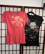 Rue 21 Black Skull Tee Shirt LOL Orange Skull Graphic Tee Shirt Women&#39;s Size S - £14.77 GBP