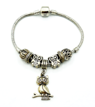 Silver Tone Owl Feather Slide Glass Bead Charm Bracelet - £11.05 GBP