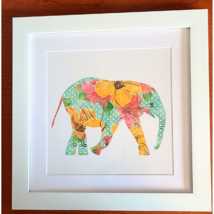 White Framed Elephant Print 14 x 14&quot; Wall Decor Pastel Flowers Polka Dot - $39.99