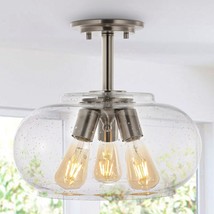 13.75&quot; 3-Light Modern Industrial Iron/seeded Glass Led Semi Flush Mount - $151.68