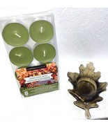 Votive Candle Holder with candles AUTUMN  FALL LEAF design Green Glass - $328.75 MXN