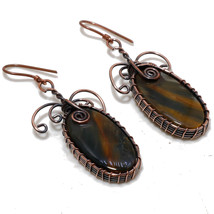 Tiger&#39;s Eye Gemstone Copper Wire Wrap Drop Dangle Earrings Jewelry 2.20&quot; SA 54 - £4.00 GBP