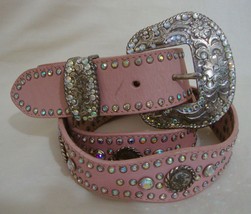 NOCONA Swarovski BELT Pink Silver Leather Crystal Distressed VTG Cowgirl XL - £95.21 GBP