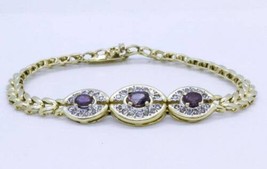 5.50Ct Simulated Amethyst  Halo 3-Stone Bracelet  Gold Plated 925 Silver - £142.31 GBP