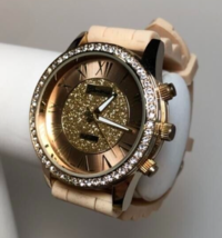 NEW Geneva Platinum 2989 Women&#39;s Crystal Bezel Pave Dial Beige Rubber Watch - £14.20 GBP