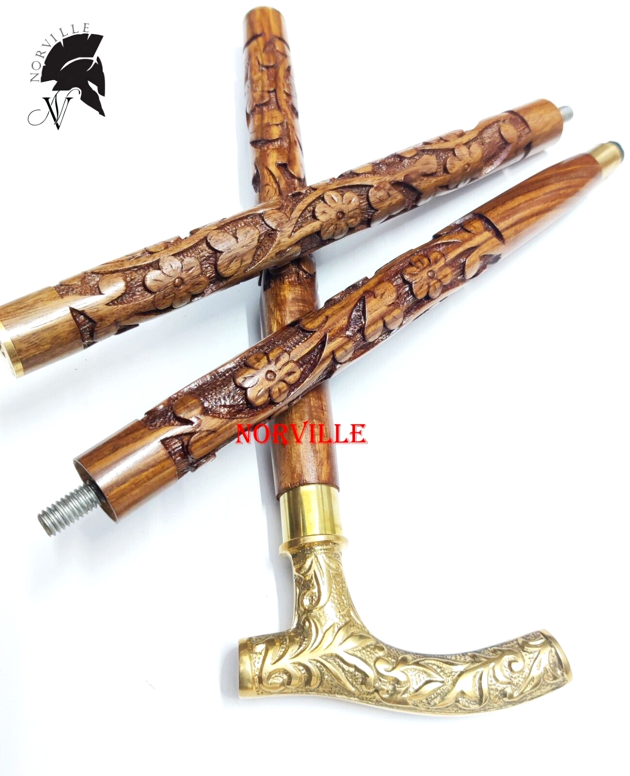 Antiker handgeschnitzter Gehstock aus Holz massiv Messinggriff Vintage Geschenk