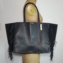 Victoria Secret 14x12x6&quot; NEW Tote Bag Black Faux Leather Fringe Double H... - $34.30