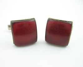 Blood Red Cufflinks Vintage Square Thermoset Plastic Men&#39;s Goldtone Cuff Links - £14.78 GBP