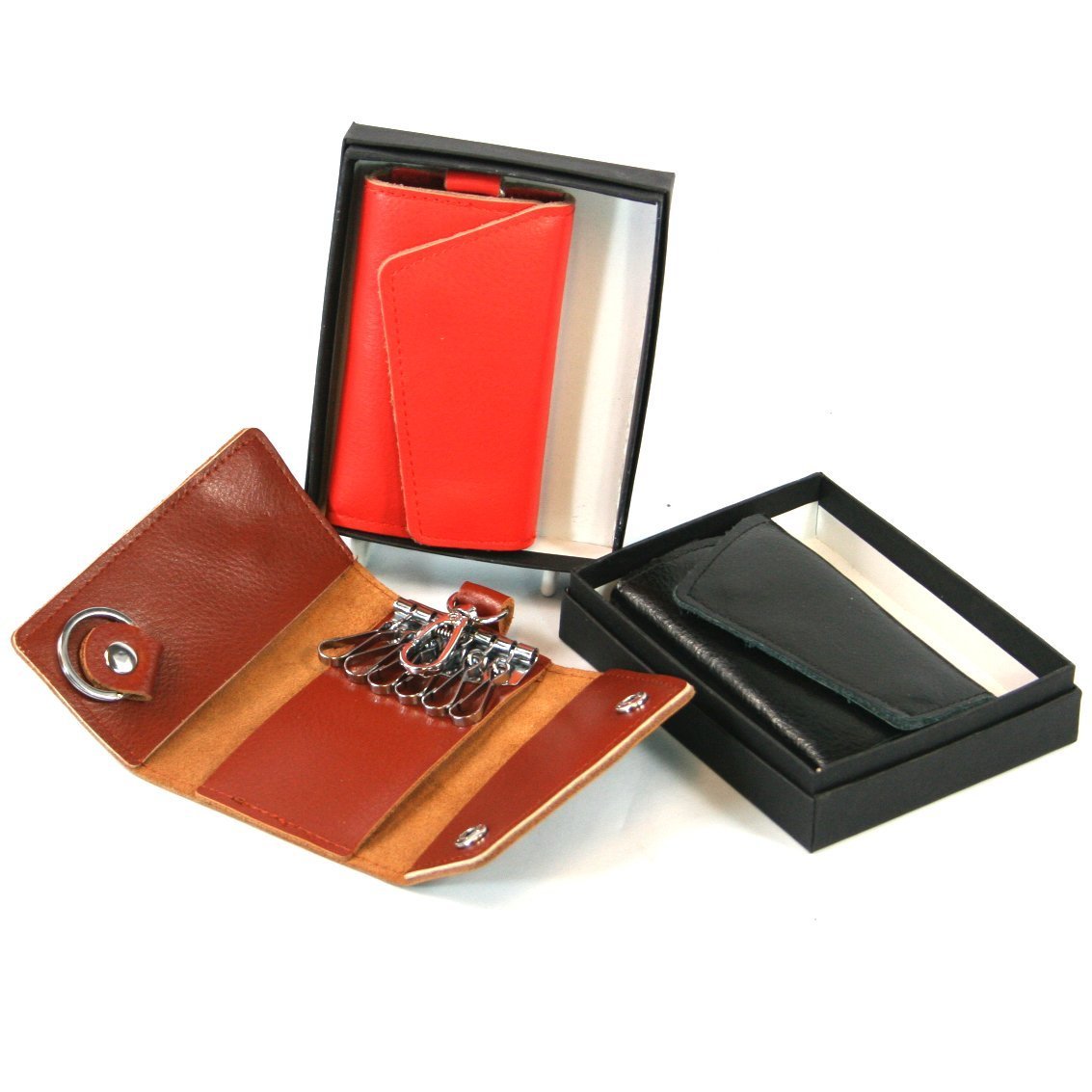 Primary image for Leather Key Case Keyring Key Holder Orange, Black or Brown (Black)
