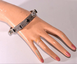 vintage silver bangle bracelet with large chunky black rhinestones - £11.86 GBP