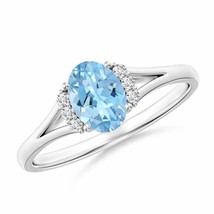 Oval Aquamarine with Round Diamond Collar Solitaire Ring in Silver Size 5.5 - £365.40 GBP