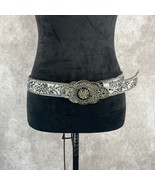Vintage Leather Belt Womens M34 Silver Black Floral Embellished Buckle S... - $53.74 CAD