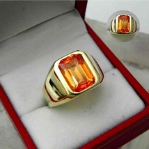 AAA 4.25Ct Spessartite Garnet 11x7mm Heavy 14K Yellow gold Emerald cut Mans ring - £3,735.43 GBP