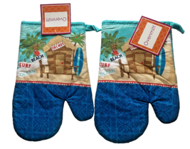 Kitchen Oven Mitt Set of 2 Mitts Tiki Hut Surfboards Summer Beach Palm Tree - £15.54 GBP