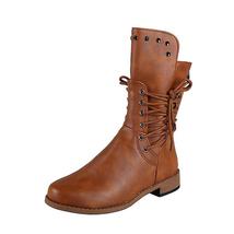 Women Western Boots Leather Middle Tube Low Heel Lace Up Martin Boots - £36.01 GBP