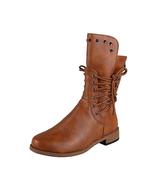 Women Western Boots Leather Middle Tube Low Heel Lace Up Martin Boots - £35.37 GBP