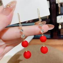 Red White Shinning Zircon Pearl Long Earrings For Women Korean Style Elegant Chr - £8.16 GBP