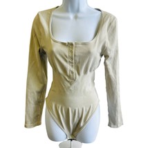 Neutral ribbed snap front long sleeve bodysuit L stretch Y2K basic core - $13.19