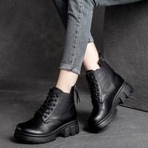Shoes Women Boots Genuine Leather Lace Up New Autumn Winter Zip Round Toe Retro  - £103.53 GBP