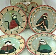 Holiday Cats 4 Salad Plates Dessert Fiddlestix Cat Lover Whimsical Table Decor - £20.63 GBP