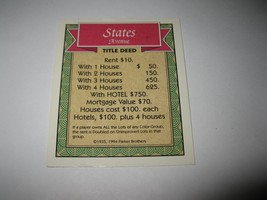 1995 Monopoly 60th Ann. Board Game Piece: States Avenue Property Deed - £0.78 GBP