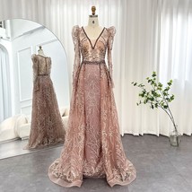 Beautiful Luxury Dubai Pink Overskirt Evening Dress with Long Sleeves Elegant Pl - £429.64 GBP