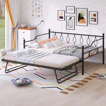 Full Size Metal Daybed with Twin Size Adjustable Trundle, Portable Folding Trund - £192.05 GBP