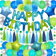 Blue And Green Birthday Decorations With Teal Blue Happy Birthday Banner, Mermai - £20.91 GBP