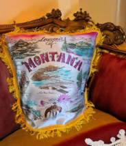 Vintage 1940s-50s Montana State Fringed Silk Souvenir Pillow Cover Yellowstone - $49.49