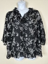 ND New Directions Womens Plus Size 1X Blk/Wht Floral Button Up Shirt 3/4 Sleeve - £10.21 GBP
