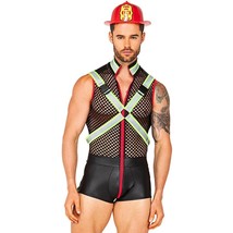 Fireman Firefighter Costume Jumpsuit Sheer Fishnet Wet Look Harness Helm... - $62.89