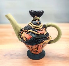 Whimsical Handmade Terra Cotta Teapot Signed TC Colorful Art Pottery Geometric  - £39.55 GBP