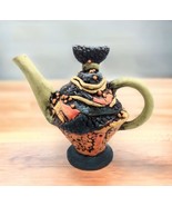 Whimsical Handmade Terra Cotta Teapot Signed TC Colorful Art Pottery Geo... - £39.21 GBP