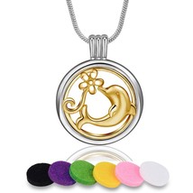 20mm Two dauphin &amp; flower Aromatherapy Necklace round Perfume Locket Essential O - £17.75 GBP