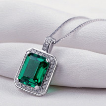 3.7CT Green Emerald &amp; Diamond Halo Pendant with 18&quot; Chain 14K White Gold Plated - £63.04 GBP