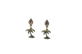 Palm Trees Drop Dangle Clip on Earrings Enamel Crystal 54802 - $11.88