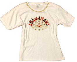 Vintage Eminent Blanc Nautique Voile Décoré T-Shirt Brodé Perlé M - £11.73 GBP